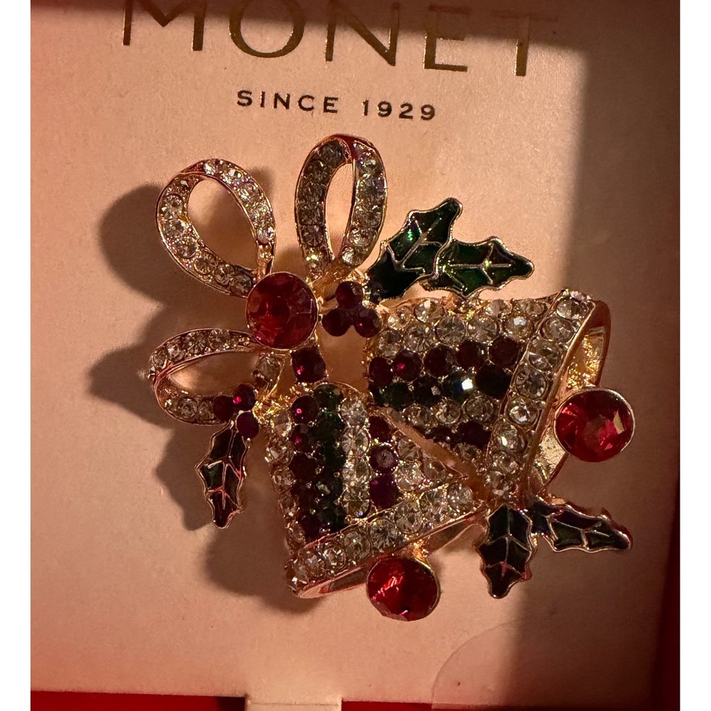 Monet Christmas Bells Brooch Pin Gold Tone Rhinestone Enamel Holiday Jewelry
